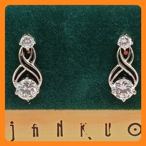JANKUO Vintage 1990s Cubic Zirconia Infinity Drop Earrings Silver Tone New Rare